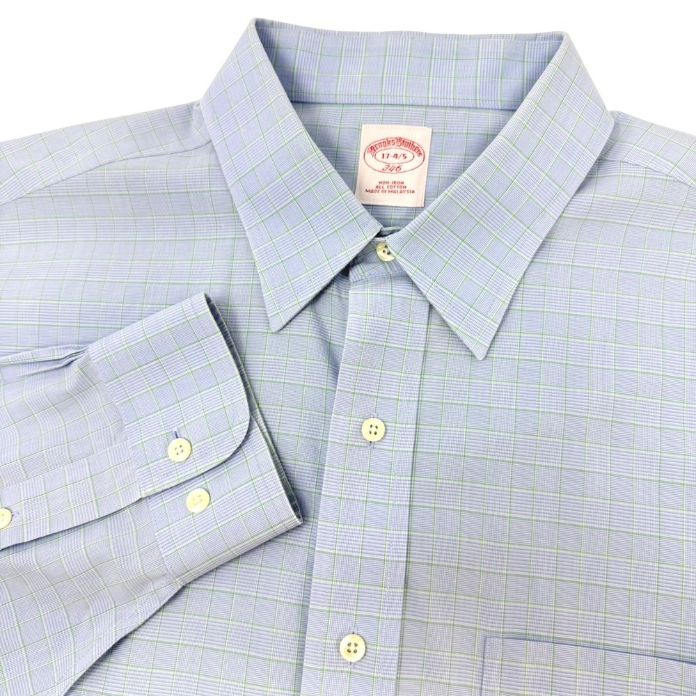 Brooks Brothers 346 Mens 17 4/5 Blue Green Tattersall Non-Iron Dress Shirt